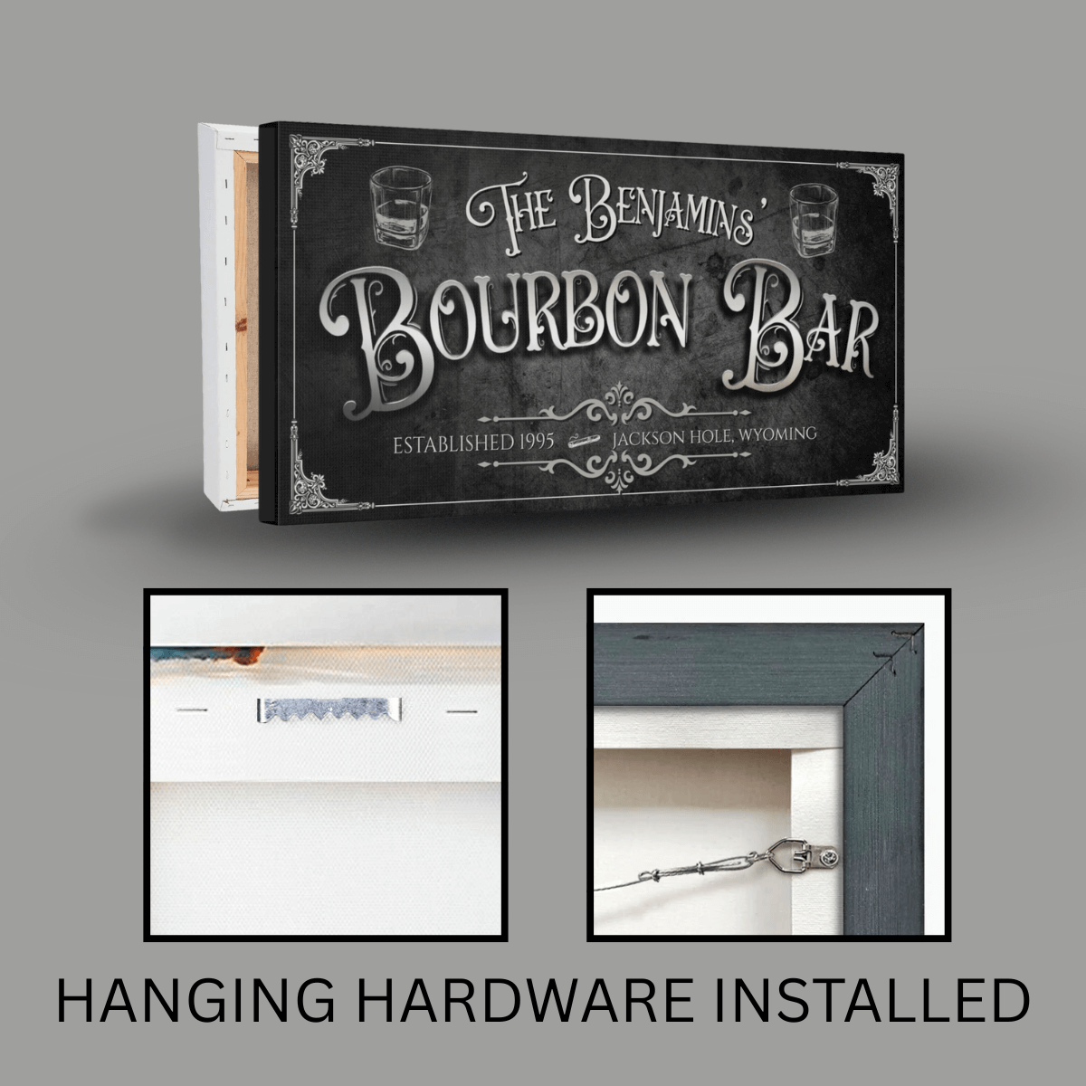 Personalized Bourbon Bar Sign featuring hanging hardware installed, ideal for home bar decor.