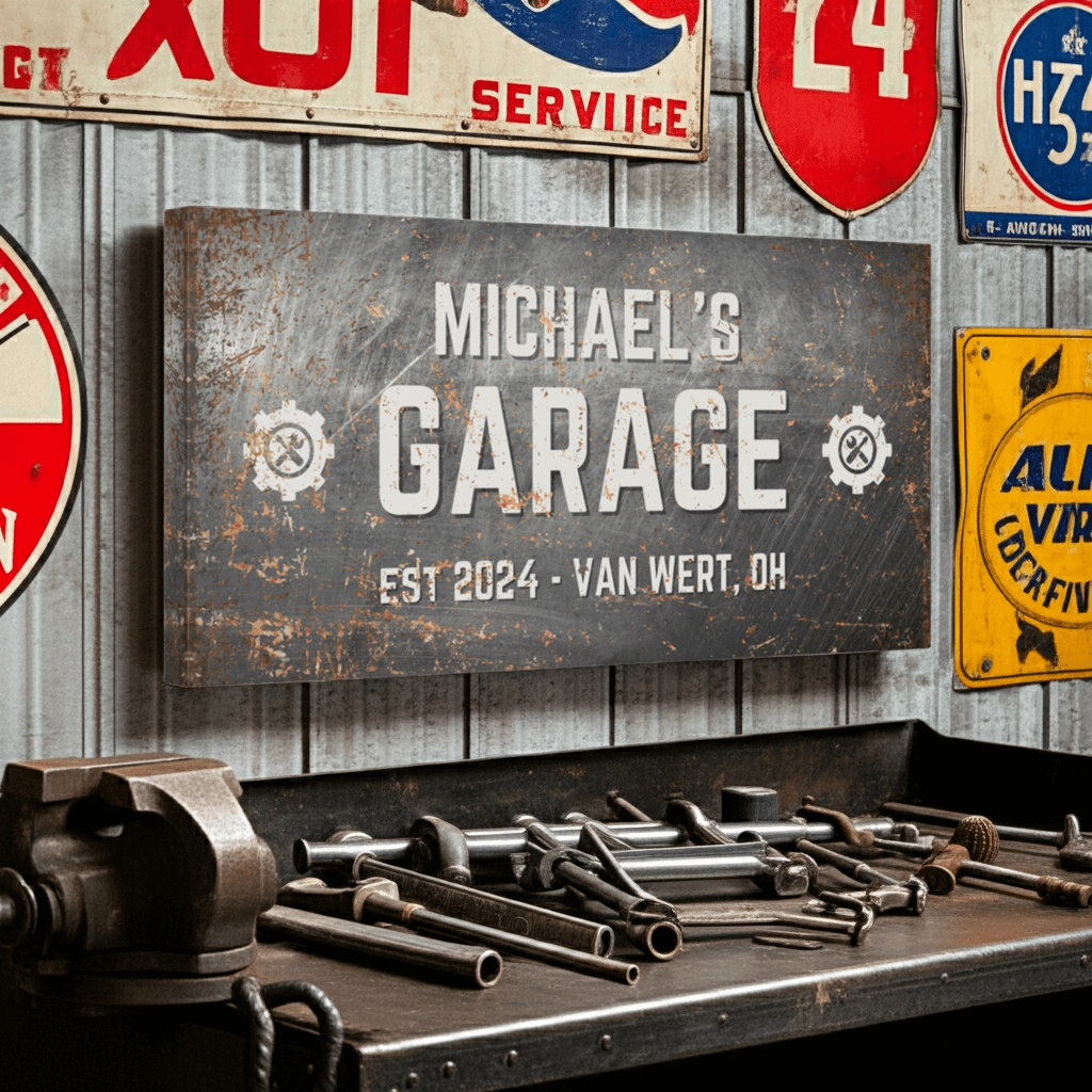 Personalized Garage Sign | Distressed Industrial Metal Design Canvas