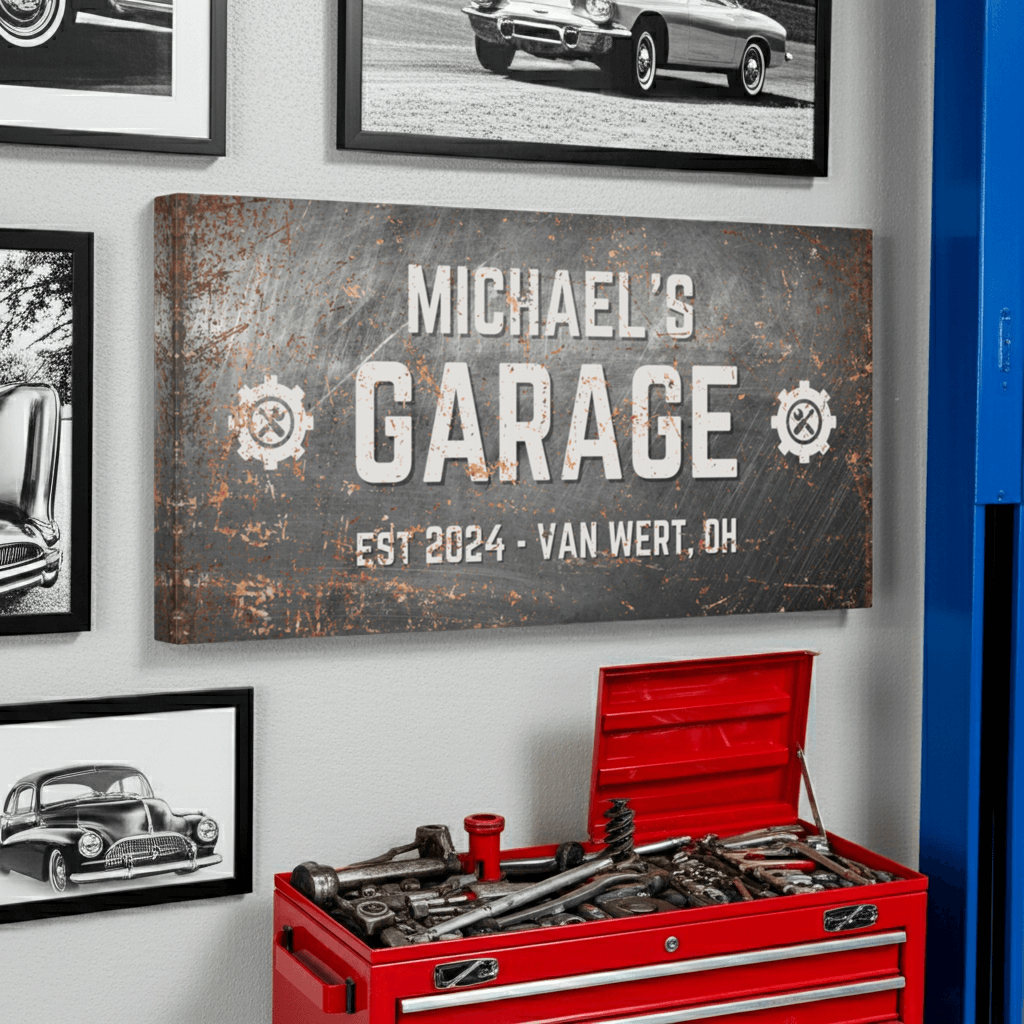 Personalized Garage Sign | Distressed Industrial Metal Design Canvas