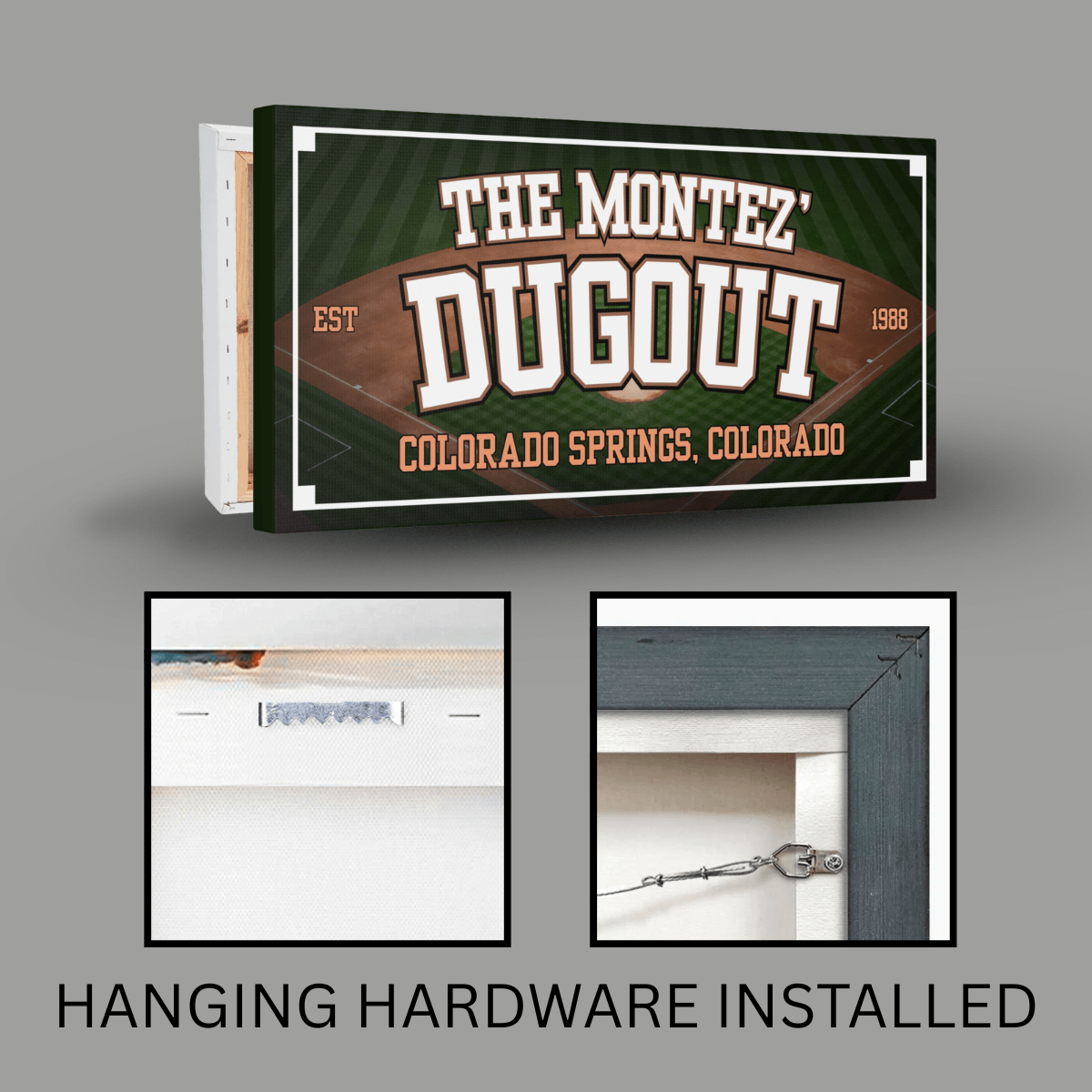 Personalized Baseball canvas featuring the Dugout design with hanging hardware installed for man cave decoration.