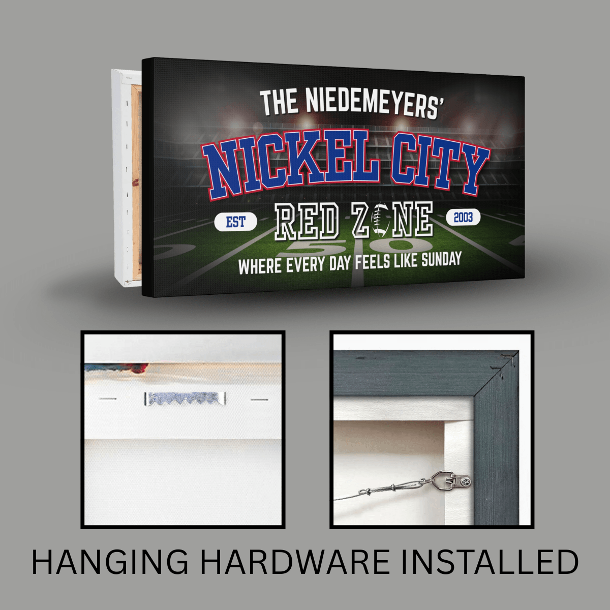 Buffalo Football Sign featuring 'Nickel City' personalized wall art with hanging hardware installed.