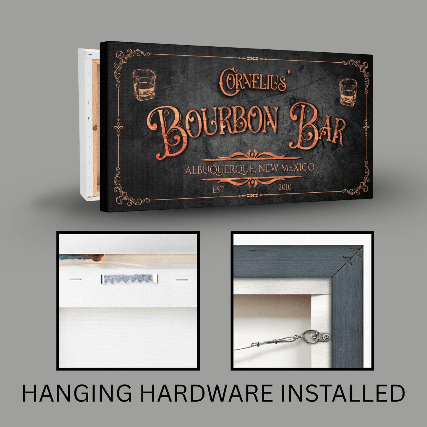 Personalized Bourbon Bar Sign showcasing a mahogany canvas with established year and location, hanging hardware included.