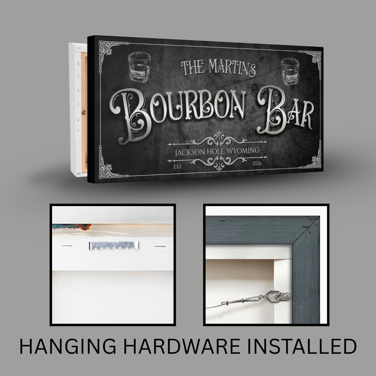 Personalized Bourbon Bar Sign with hanging hardware installed for vintage home bar decor.