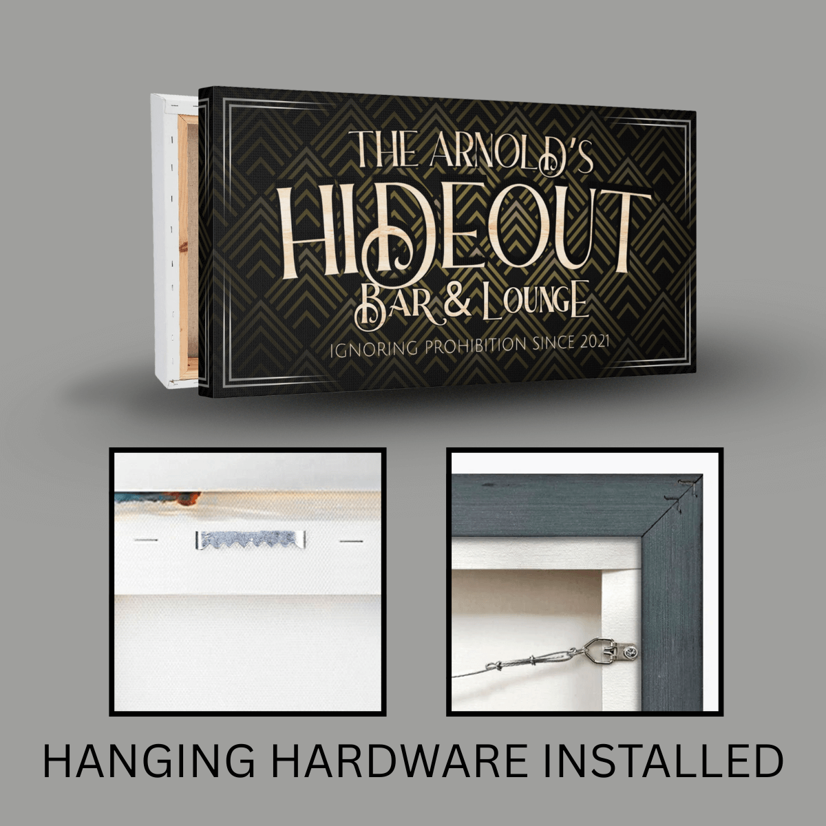 Vintage Home Bar Sign featuring The Arnold's Hideout design with installed hanging hardware.