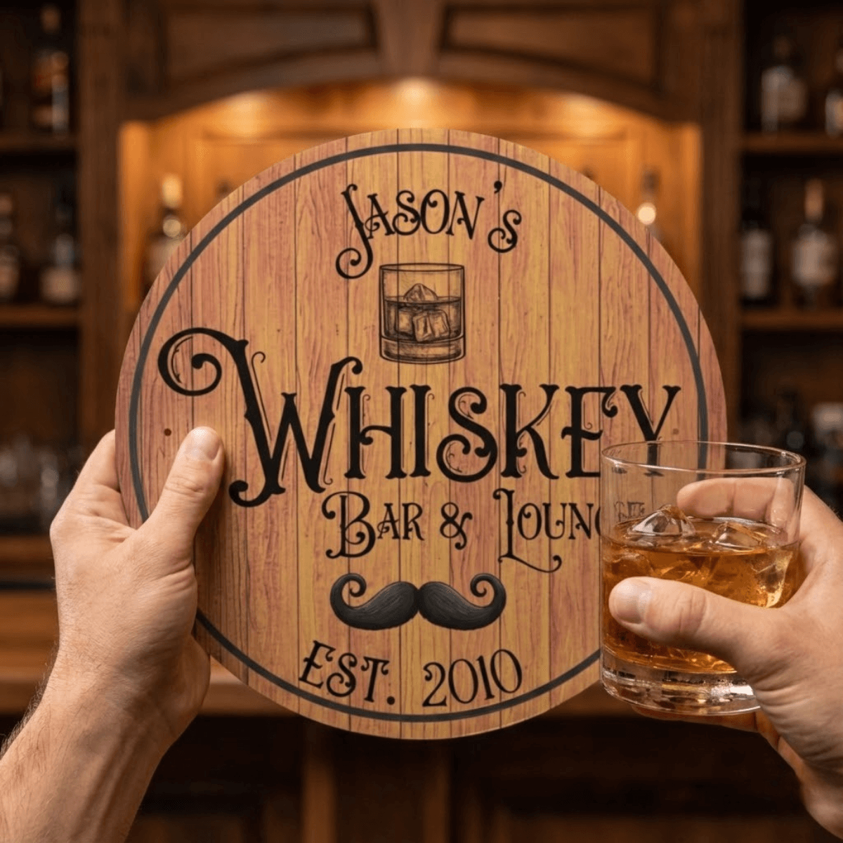 Whiskey Barrel Sign displaying personalized design for Jason's Whiskey Bar & Lounge with established year 2010.
