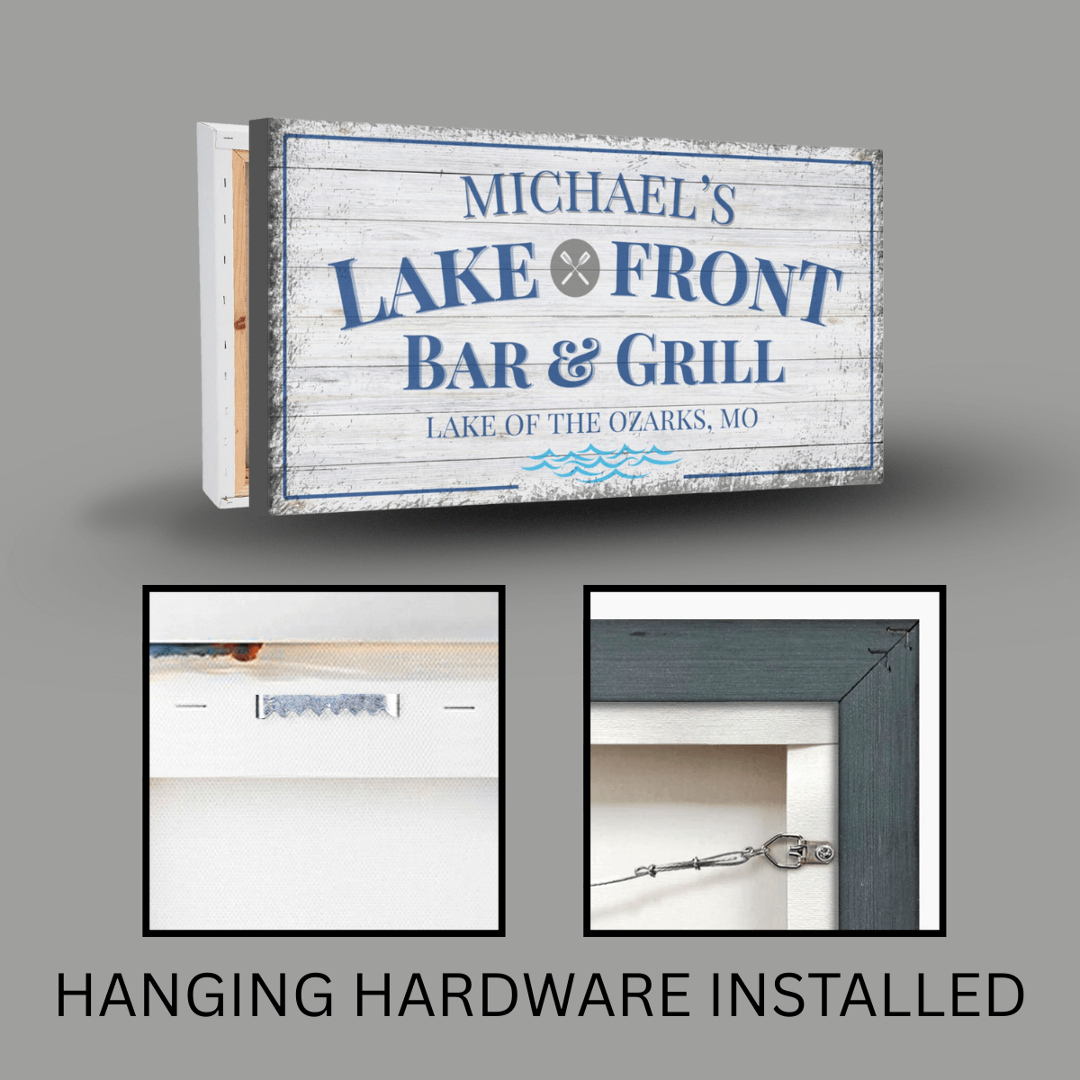 Lake House Sign featuring personalized design for Lake Front Bar & Grill with hanging hardware installed.
