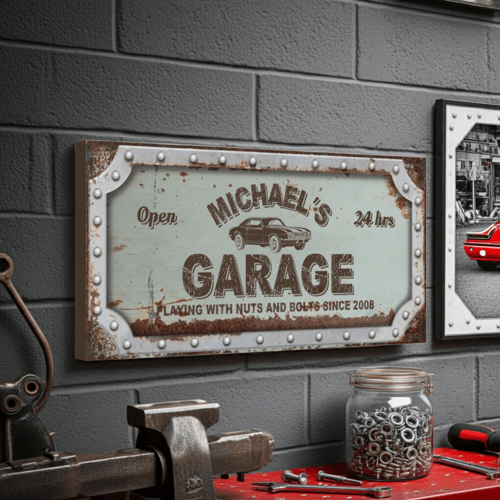 Personalized Garage Sign | Rusted Metal Design Canvas