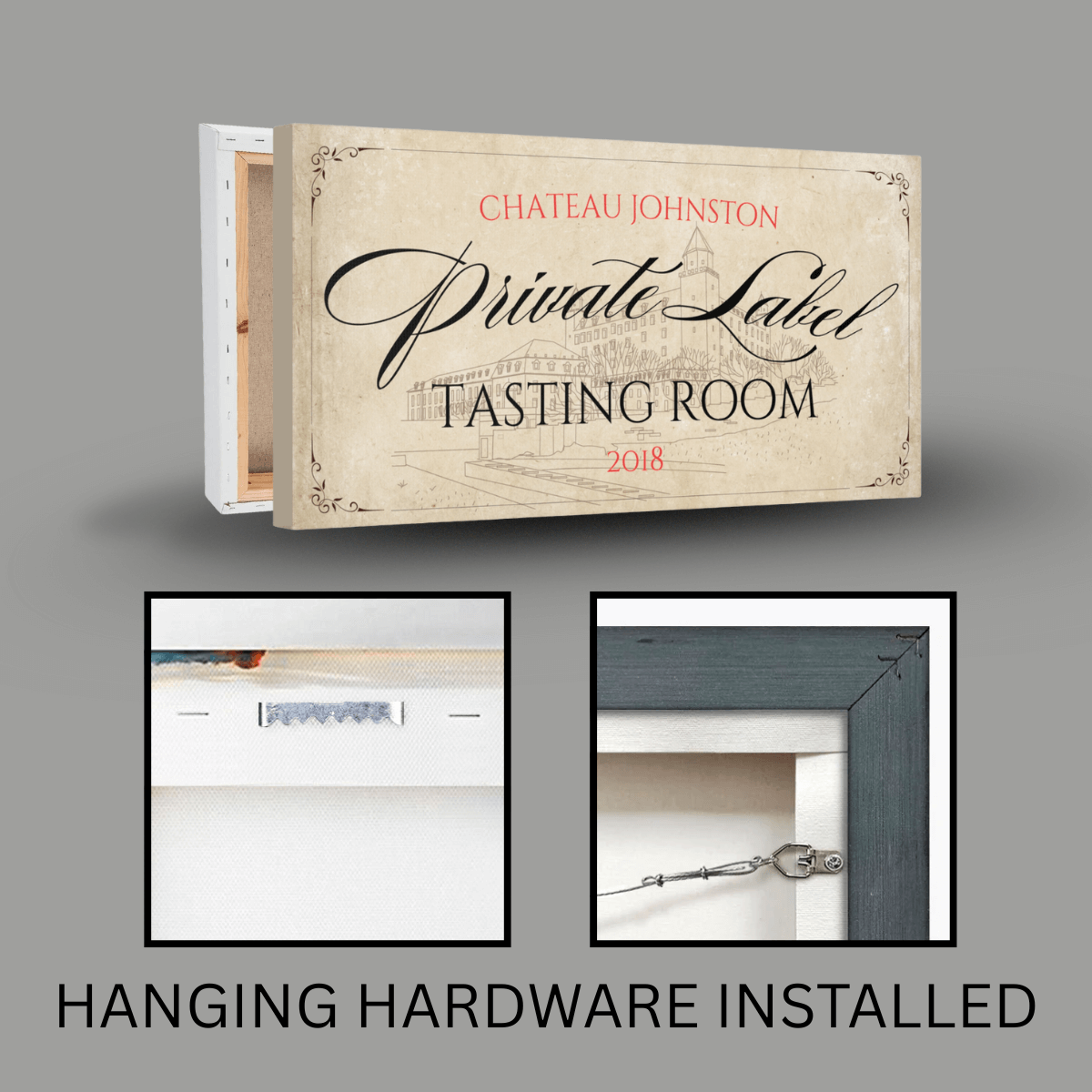Personalized Wine Bar Sign featuring 'Chateau Johnston' and 'Private Label Tasting Room 2018' with mounted hanging hardware.