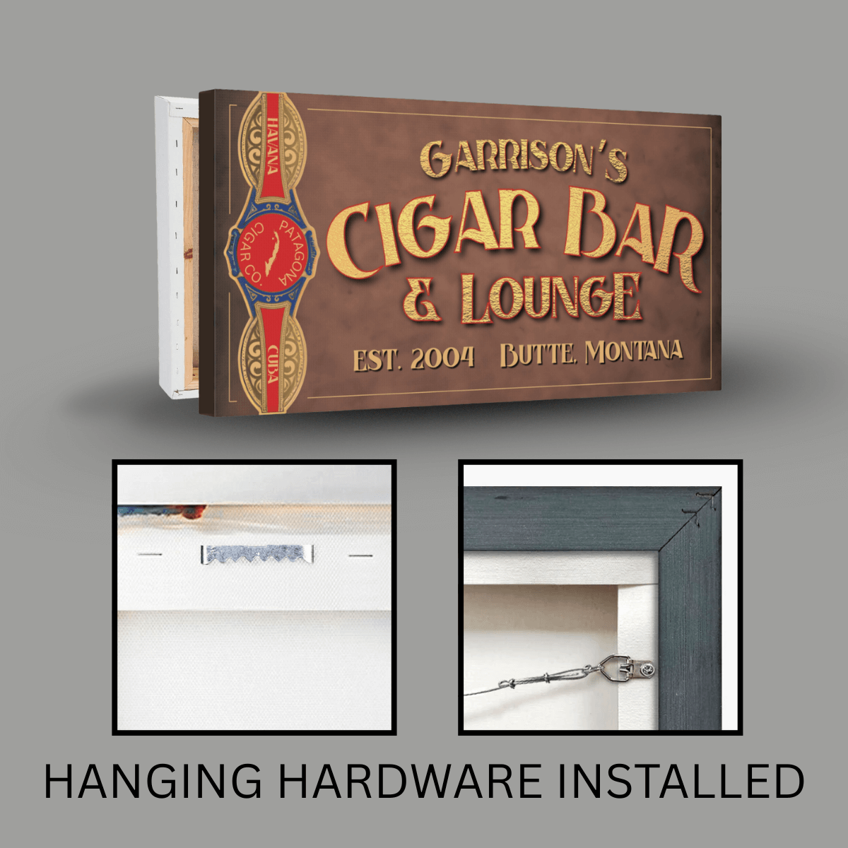 Decorative personalized smoking sign for 'Garrison's Cigar Bar & Lounge' with hanging hardware installation text on a gray background.