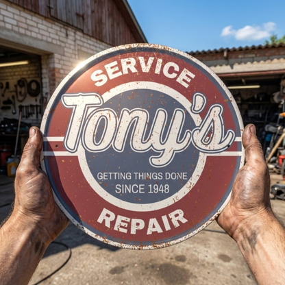 Auto Service Sign featuring Tony's Repair, vintage metal design with distressed look, perfect for garage décor.