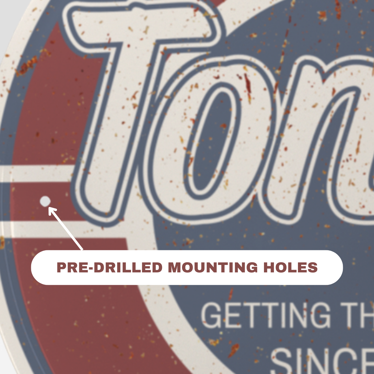 Close-up of Auto Service Sign highlighting pre-drilled mounting holes for easy installation.