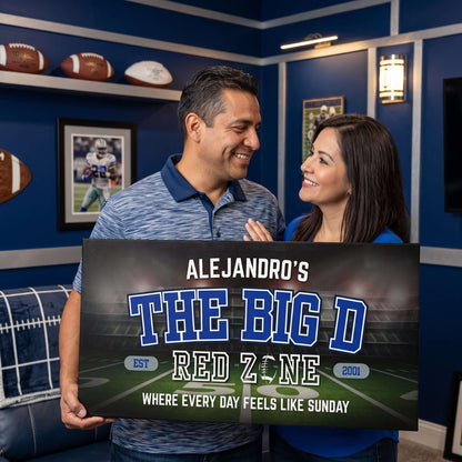 Dallas Football Sign personalized with name in a man cave setting, showcasing vibrant gameday energy and team spirit.