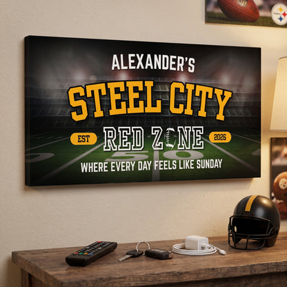 Pittsburgh Football Sign featuring personalized Steel City Red Zone wall art for man cave decor.