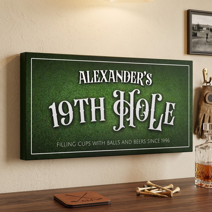 19th Hole Sign personalized with Alexander's name and establishment year on a grass-green canvas.