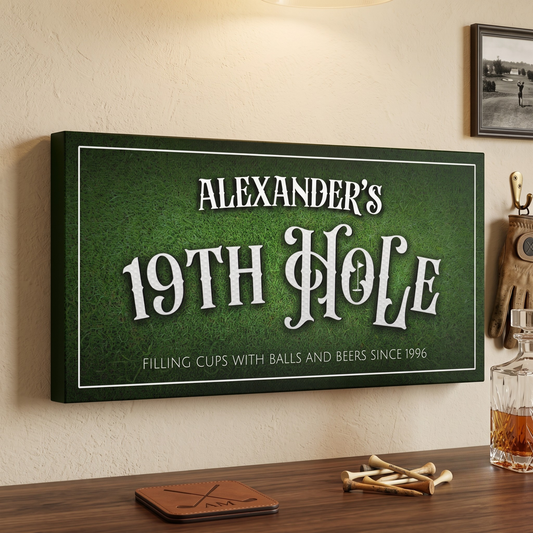 19th Hole Sign personalized with Alexander's name and establishment year on a grass-green canvas.