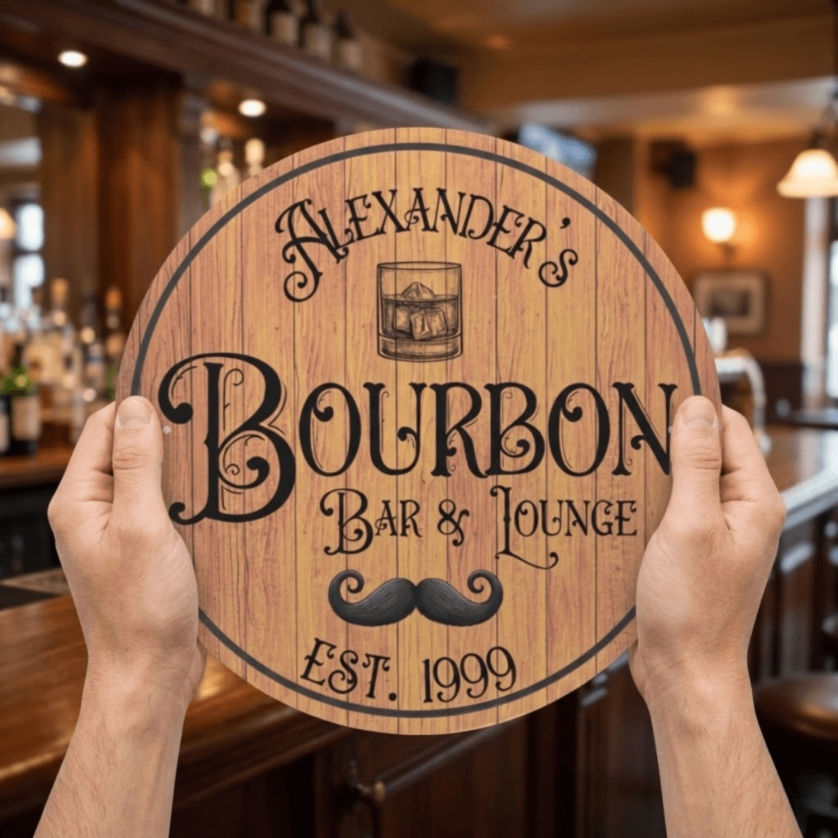 Whiskey Barrel Sign featuring a personalized design for Alexander's Bourbon Bar & Lounge, with established year 1999.