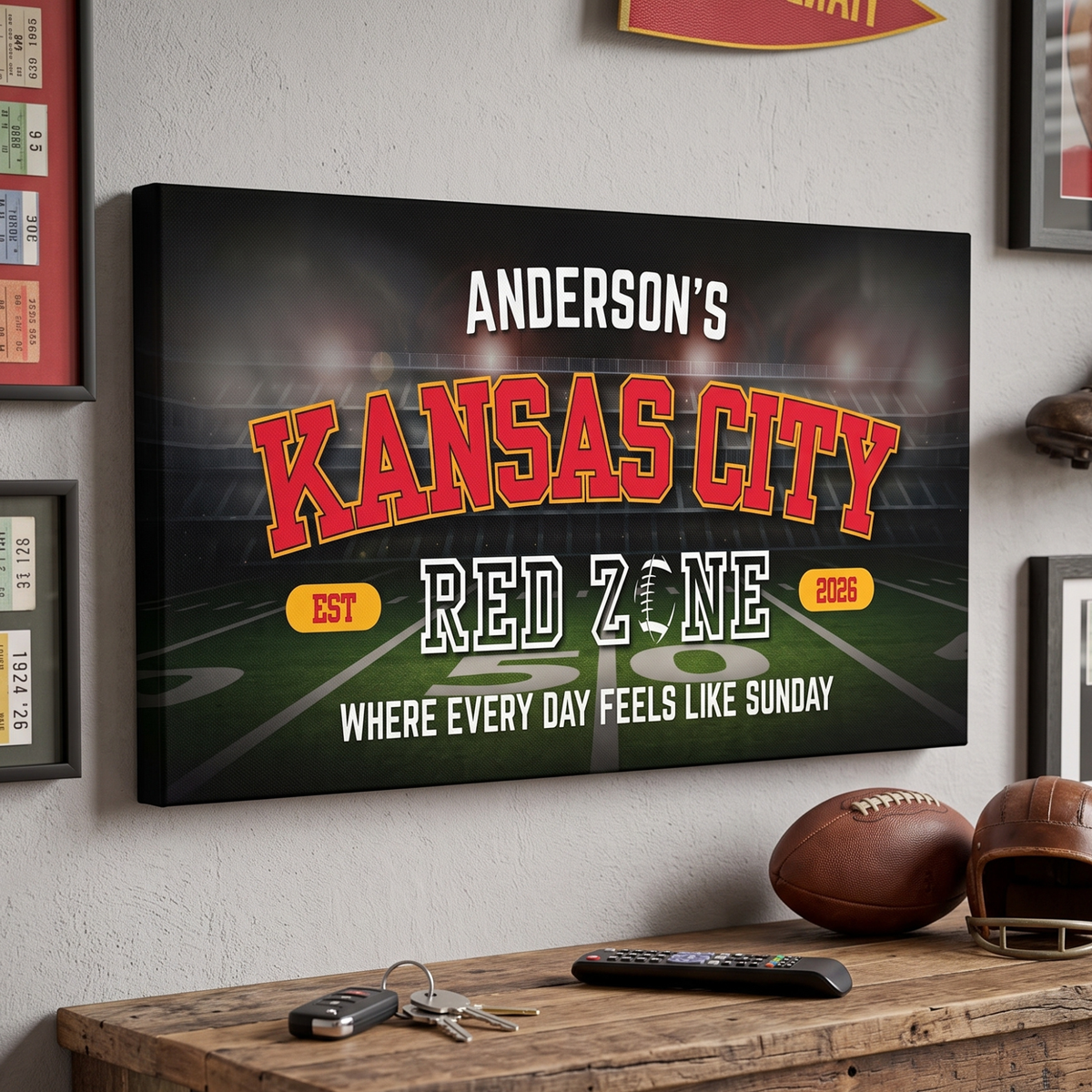 Kansas City Football Sign personalized with name Anderson's, displaying a red zone theme for football fans.