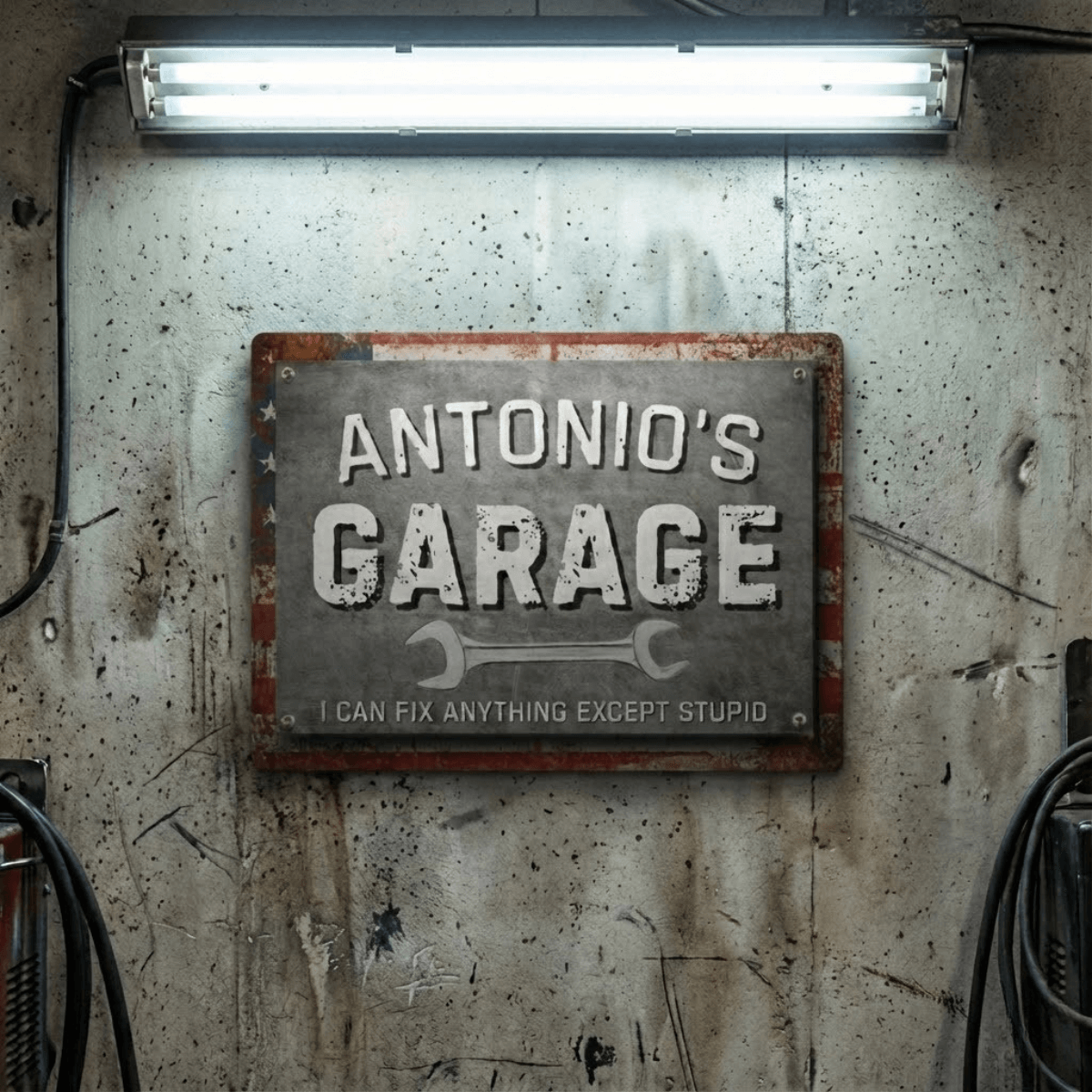 Metal Garage Sign featuring personalized design with patriotic colors and humorous text in a workshop setting.