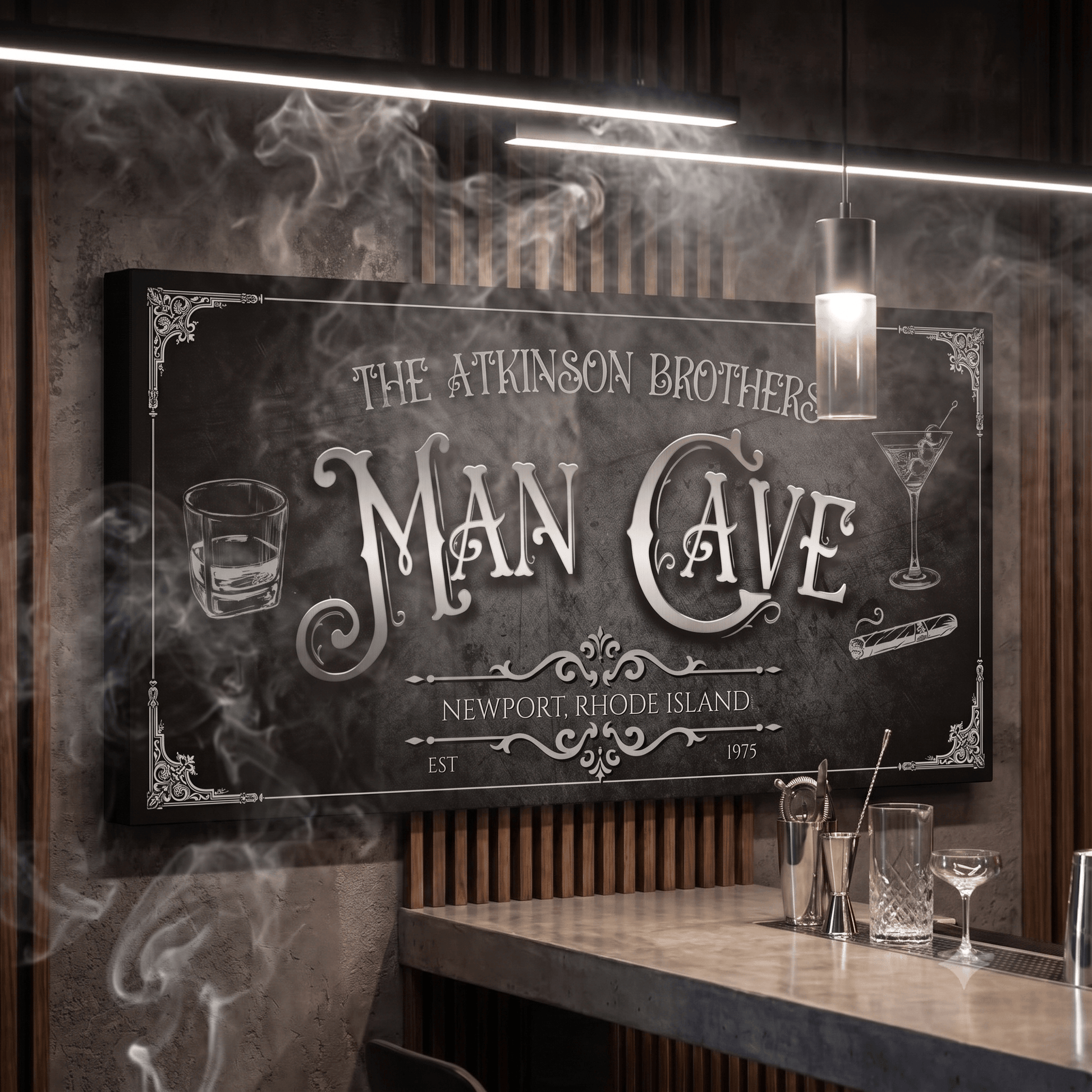Vintage Man Cave Sign showcasing elegance with vintage typography and bar elements in a stylish setting.