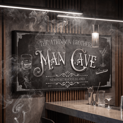 Vintage Man Cave Sign showcasing elegance with vintage typography and bar elements in a stylish setting.