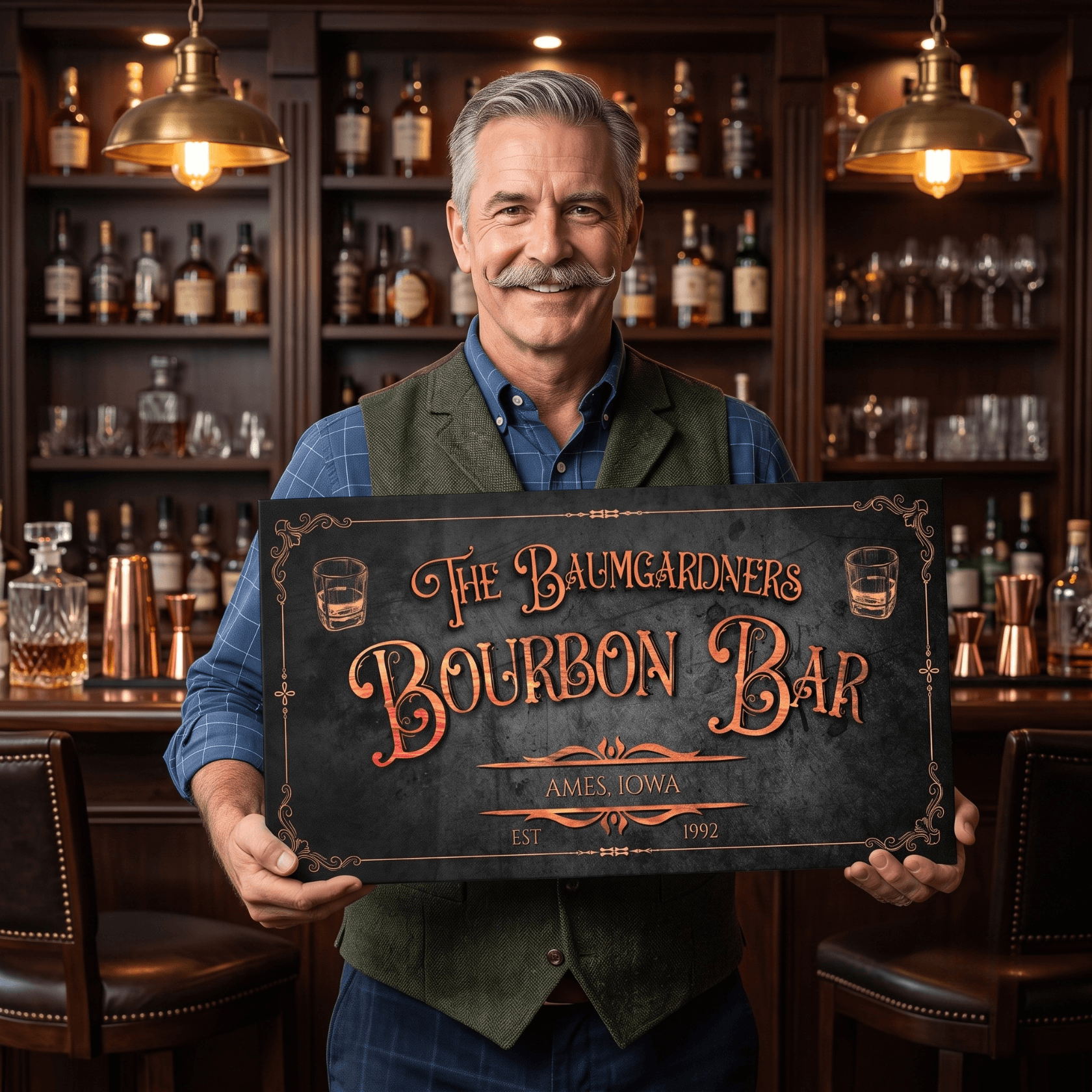 Personalized Bourbon Bar Sign held by a man in a home bar, featuring custom name and established year details.