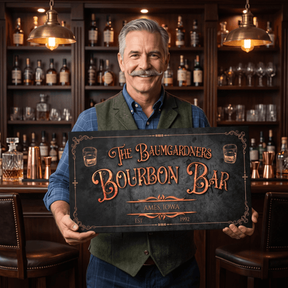 Personalized Bourbon Bar Sign held by a man in a home bar, featuring custom name and established year details.