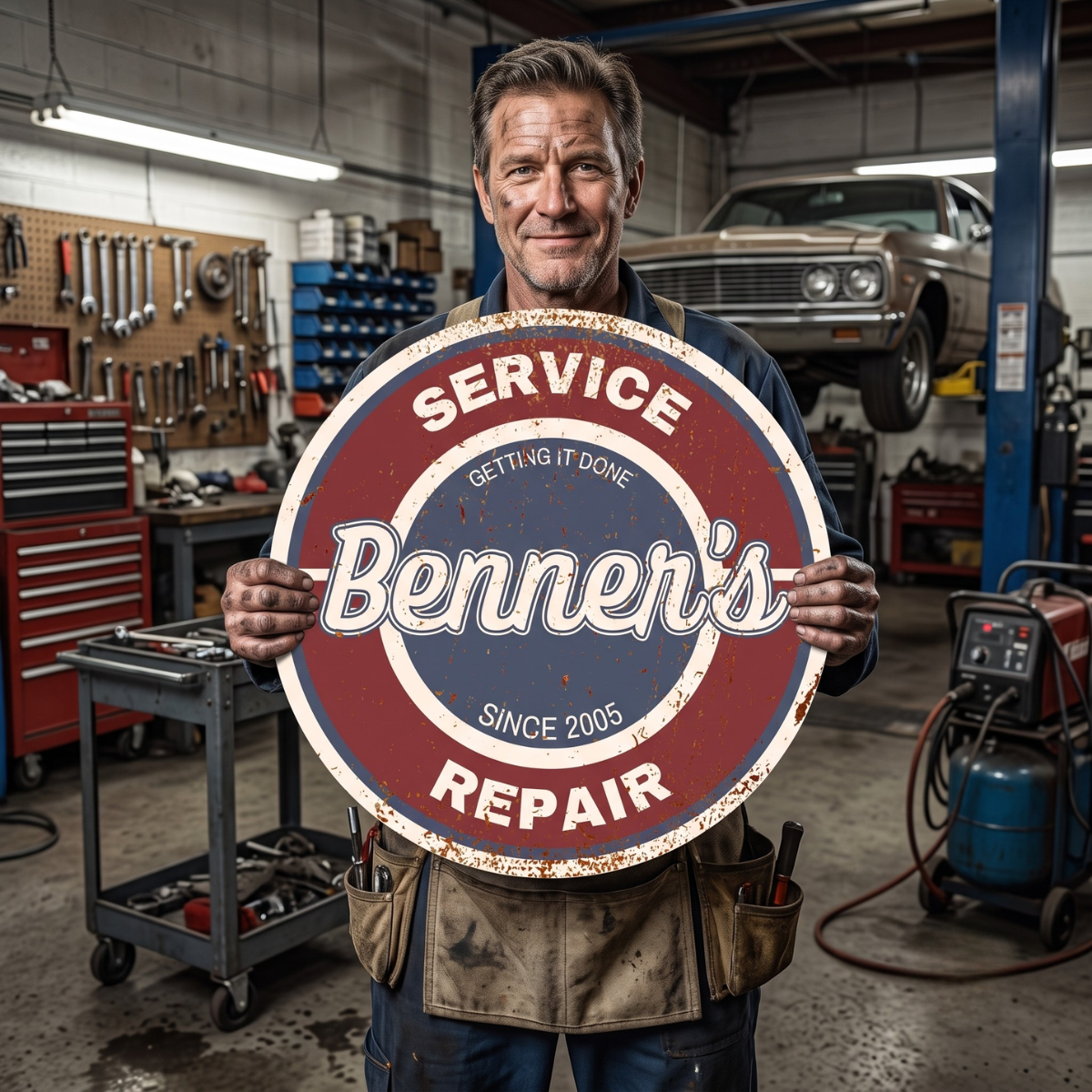 Personalized Garage Sign showcasing vintage style, held by a mechanic in an auto repair shop.