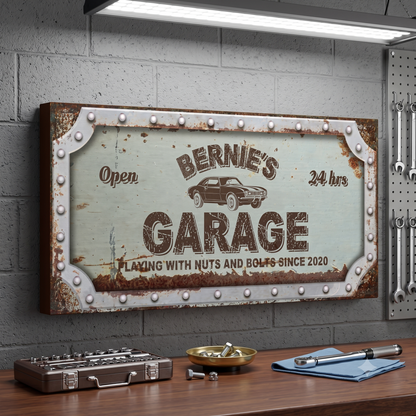 Vintage Garage Sign featuring Bernie's Garage with rusted effect, classic car illustration, and established year 2020.