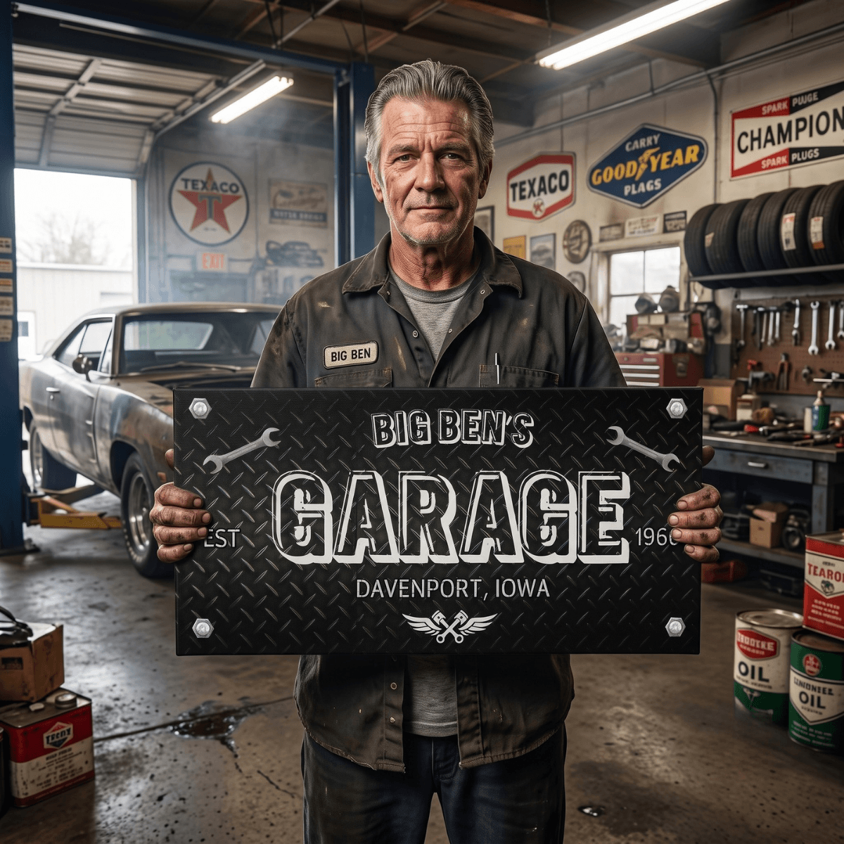 Diamond Plate Sign featuring Big Ben's Garage, personalized for a mechanic's space in Davenport, Iowa.