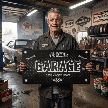 Diamond Plate Sign featuring Big Ben's Garage, personalized for a mechanic's space in Davenport, Iowa.