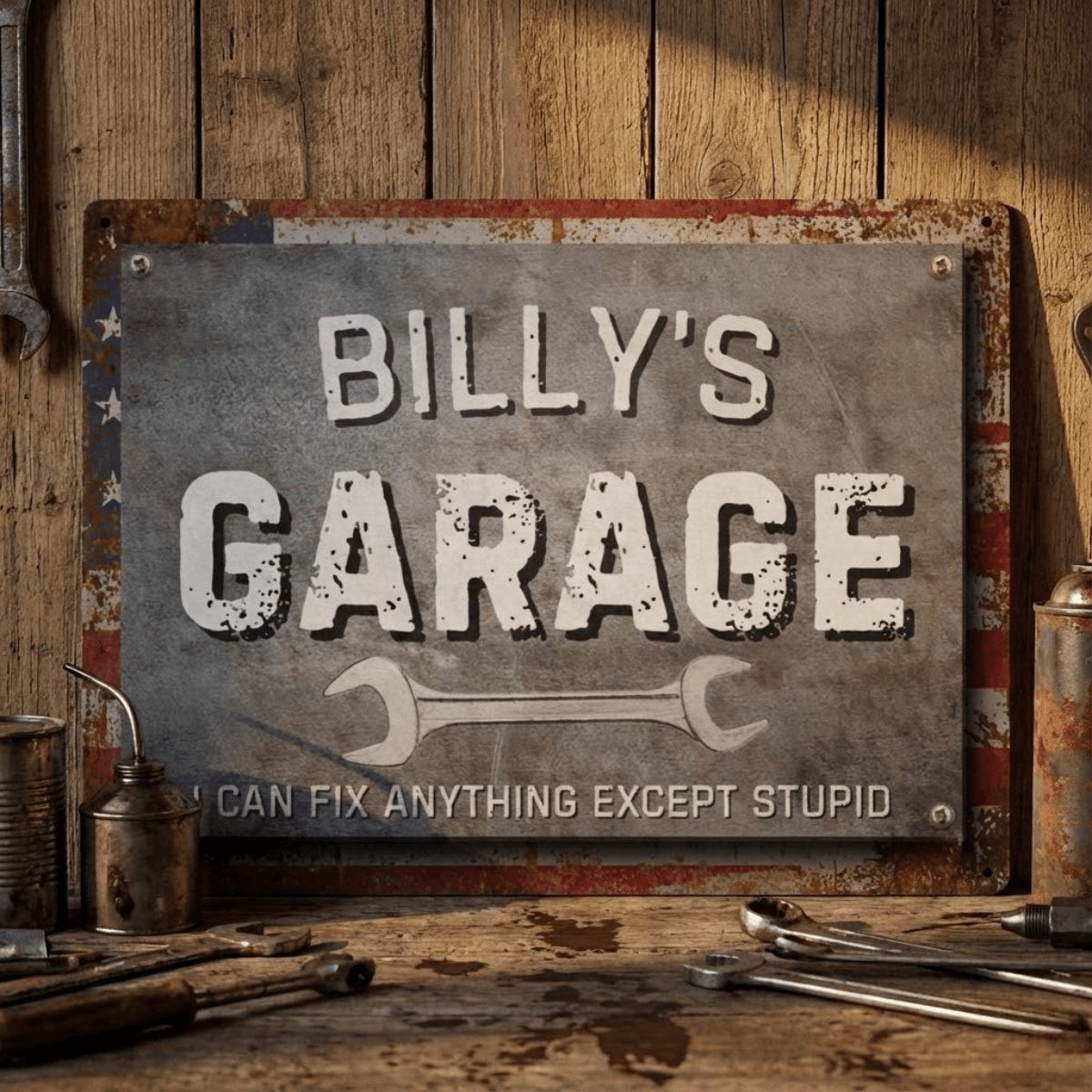 Metal Garage Sign featuring personalized design with humorous text and an American flag background.