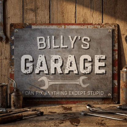 Metal Garage Sign featuring personalized design with humorous text and an American flag background.
