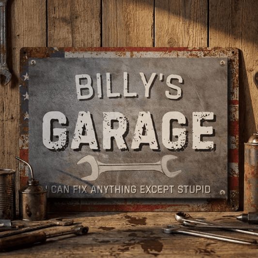 Metal Garage Sign featuring personalized design with humorous text and an American flag background.