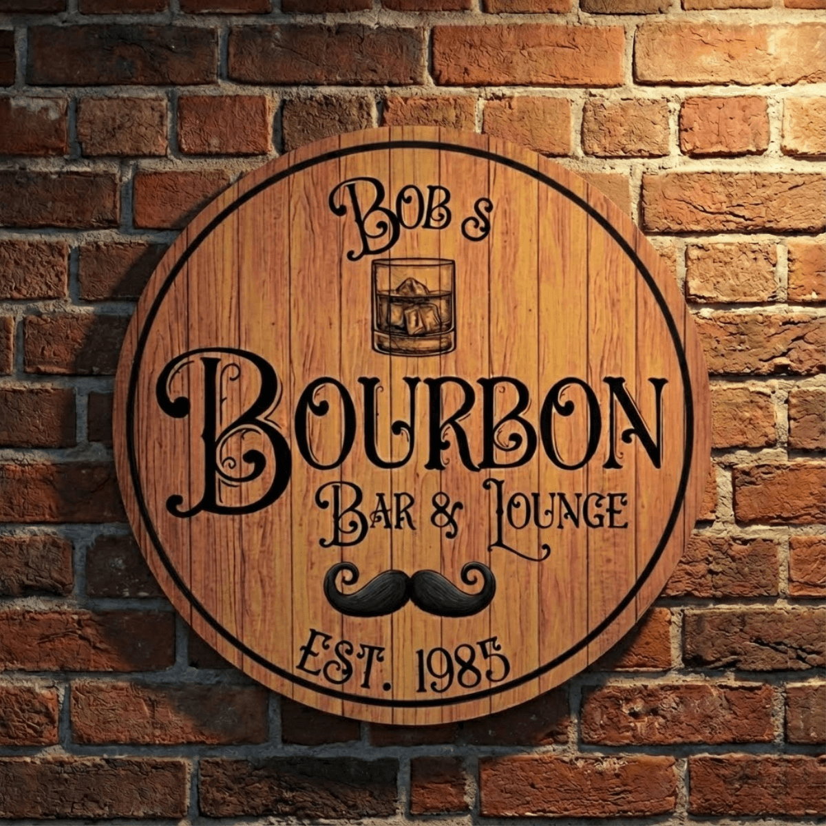 Whiskey Barrel Sign with personalized design for Bob's Bourbon Bar & Lounge, established 1985.
