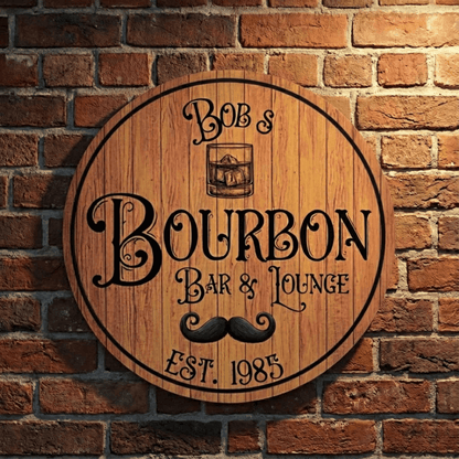 Whiskey Barrel Sign with personalized design for Bob's Bourbon Bar & Lounge, established 1985.