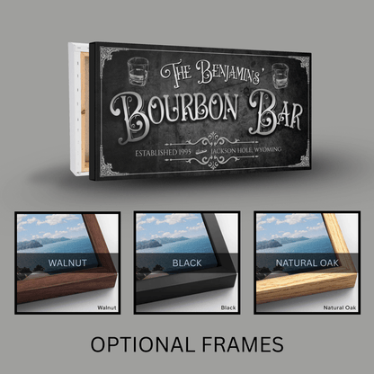 Personalized Bourbon Bar Sign canvas with optional frames in walnut, black, and natural oak.