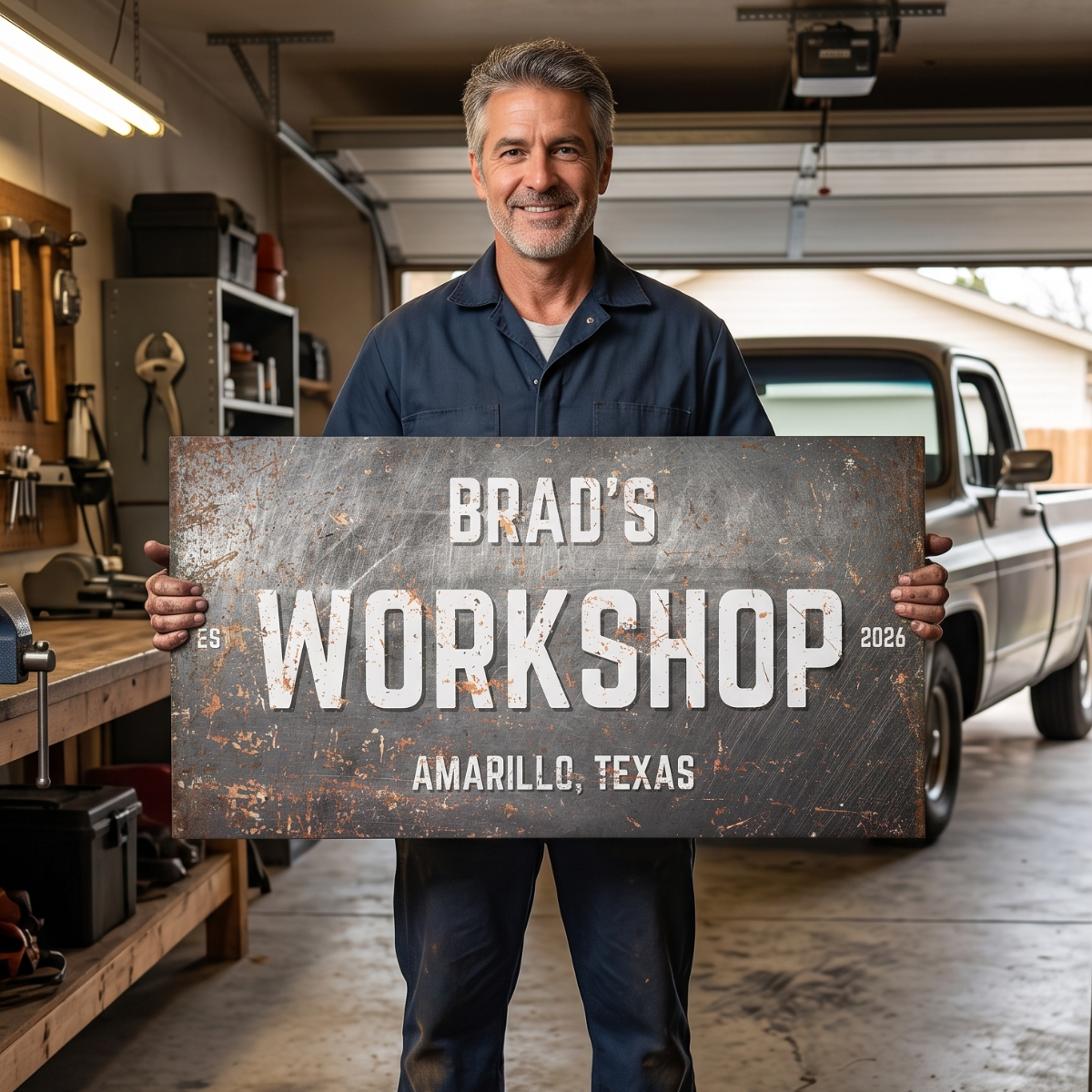 Personalized Workshop Sign displayed in a garage featuring a man holding a weathered metal sign.