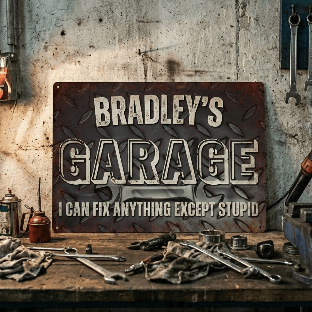 Personalized Metal Garage Sign with diamond plate design reading 'Bradley's Garage'. Perfect decor for home workshops.