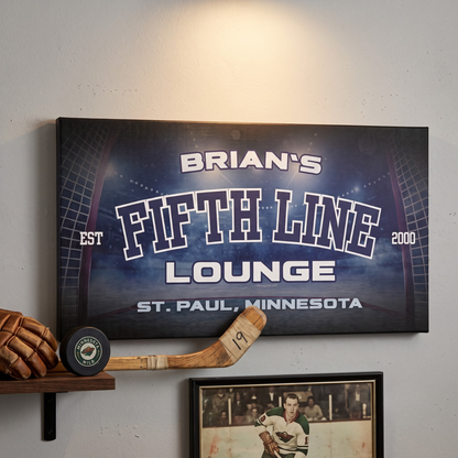 Hockey Man Cave Wall Art featuring personalized Fifth Line Lounge design with name, city, state, and year established.