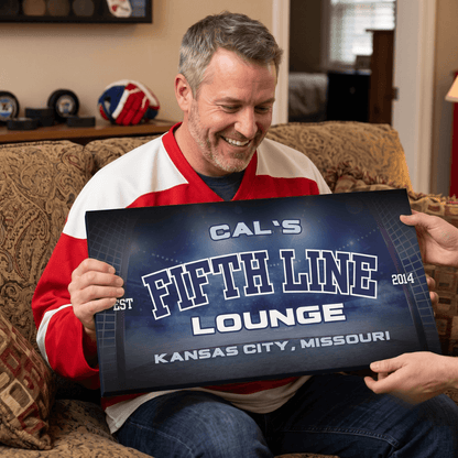 Hockey Man Cave Wall Art featuring personalized Fifth Line Lounge sign in a cozy living room.