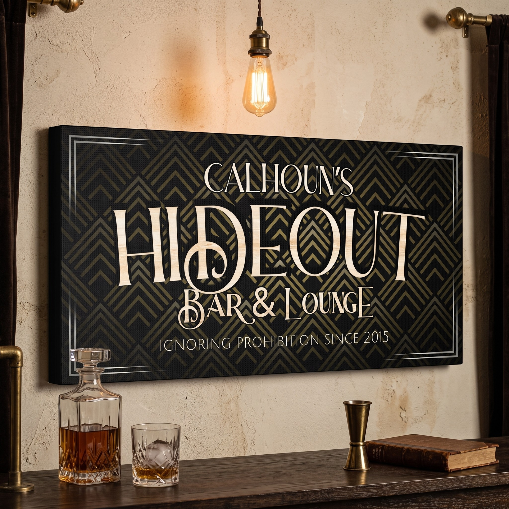 1920s Bar Sign featuring Calhoun's Hideout Bar & Lounge, with art deco design celebrating Prohibition era charm.