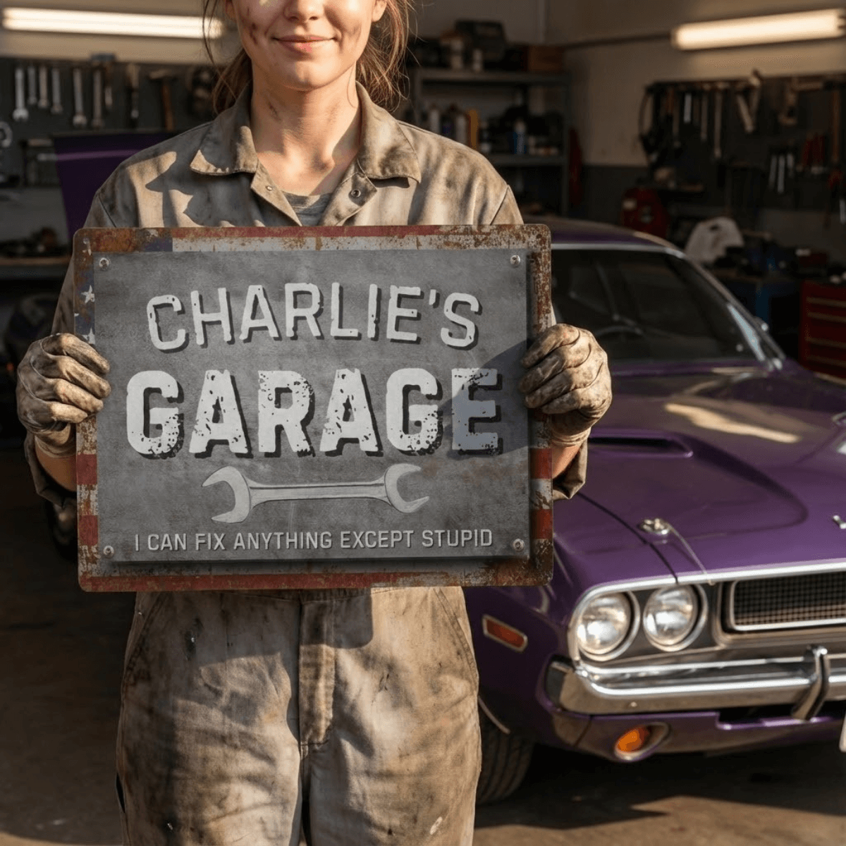 Metal Garage Sign featuring Charlie's Garage design with humorous text and a vintage look.