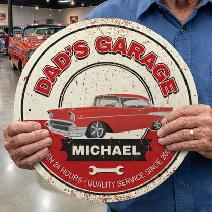 Personalized Dad's Garage Sign featuring a classic car and the name Michael, ideal for a vintage-themed workspace.