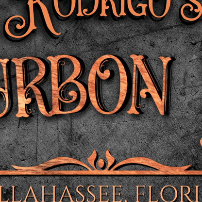 Bourbon Bar Sign in mahogany wood-tone with personalized design including a name and location.