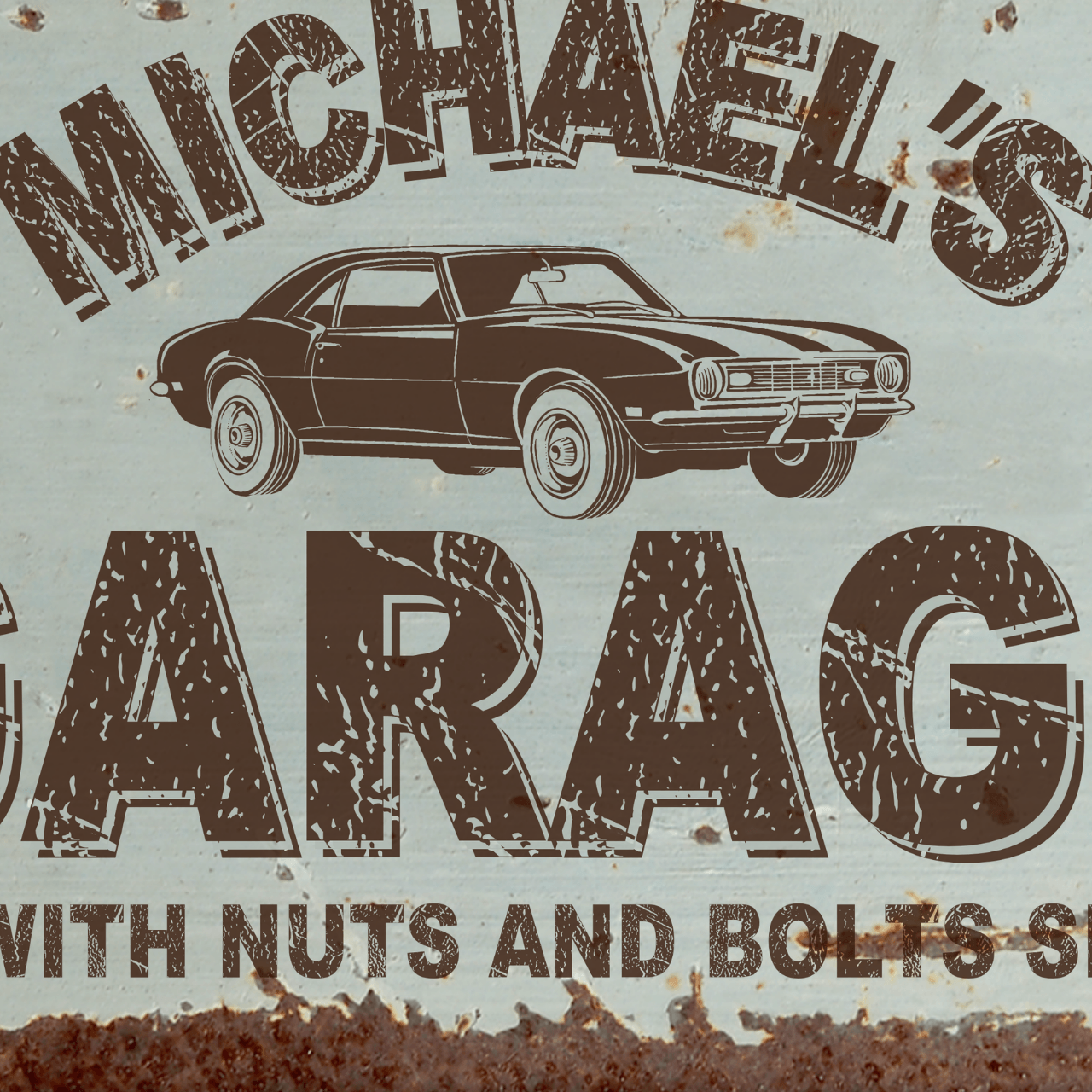 Vintage Garage Sign featuring a classic muscle car illustration and personalized name for a unique touch.