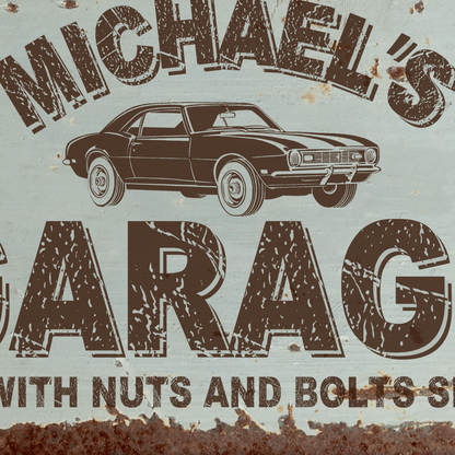 Vintage Garage Sign featuring a classic muscle car illustration and personalized name for a unique touch.