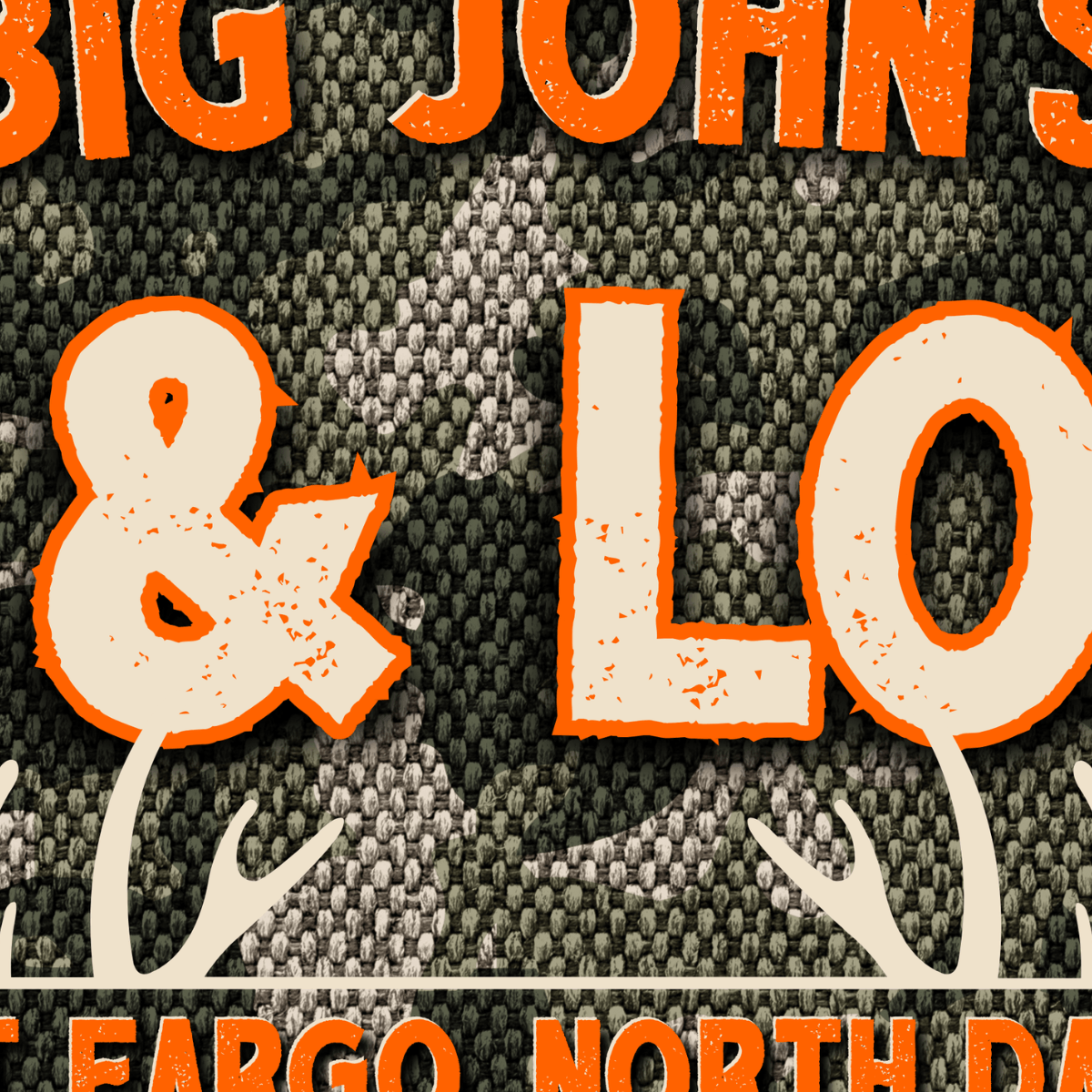 Hunting Lodge Sign featuring 'BIG JOHN'S' text on a camouflage background with antlers for personalized decor.