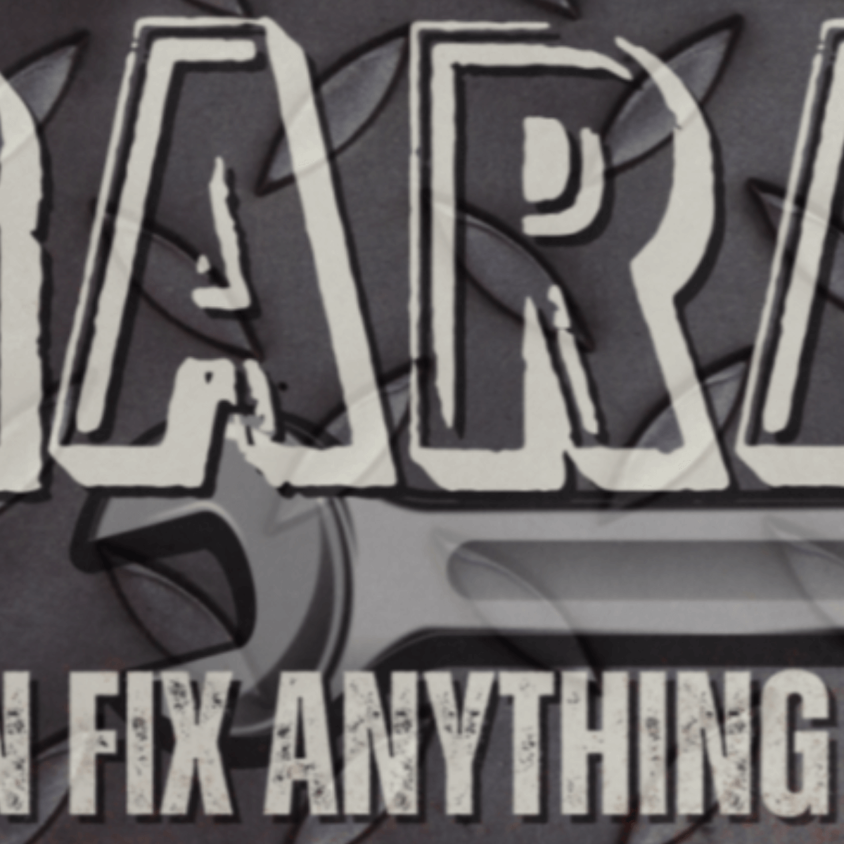 Metal Garage Sign featuring rugged typography with diamond plate background design.