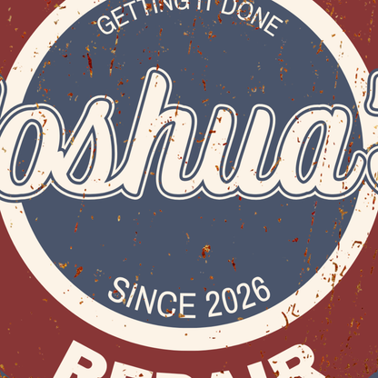 Personalized Garage Sign featuring the name Joshua's and the year 2026 for an authentic vintage style