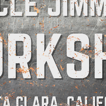 Personalized Workshop Sign featuring weathered metal design and custom name, city, and state details.